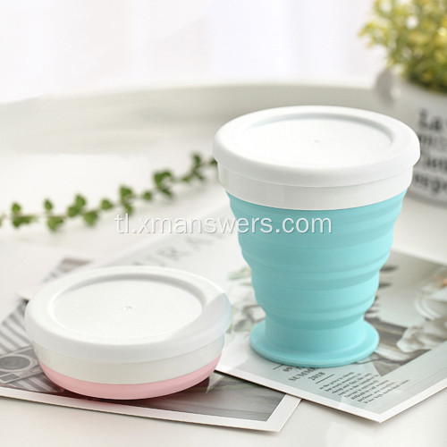 Portable foldable silicone collapsible drinking cup na may takip